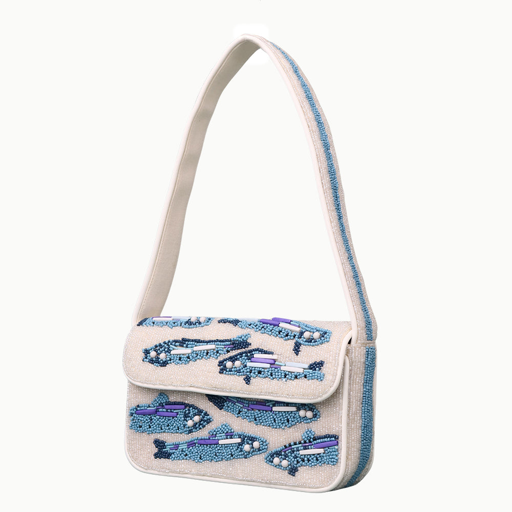 Handmade Beaded Shoulder Bag – White & Blue Fish Pattern with Embroidery Detailing