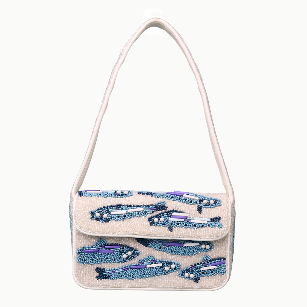 Handmade Beaded Shoulder Bag – White & Blue Fish Pattern with Embroidery Detailing