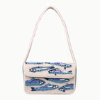 Handmade Beaded Shoulder Bag – White & Blue Fish Pattern with Embroidery Detailing