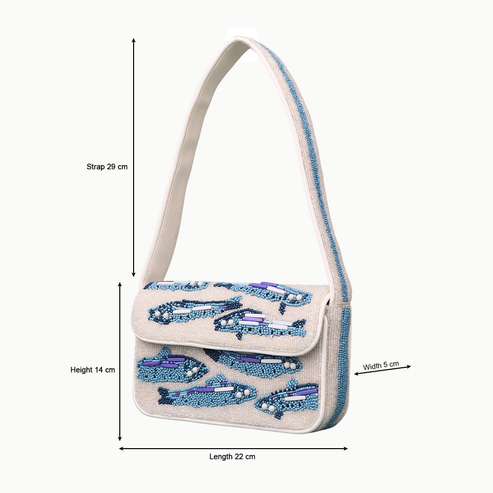 Handmade Beaded Shoulder Bag – White & Blue Fish Pattern with Embroidery Detailing