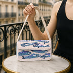 Handmade Beaded Shoulder Bag – White & Blue Fish Pattern with Embroidery Detailing