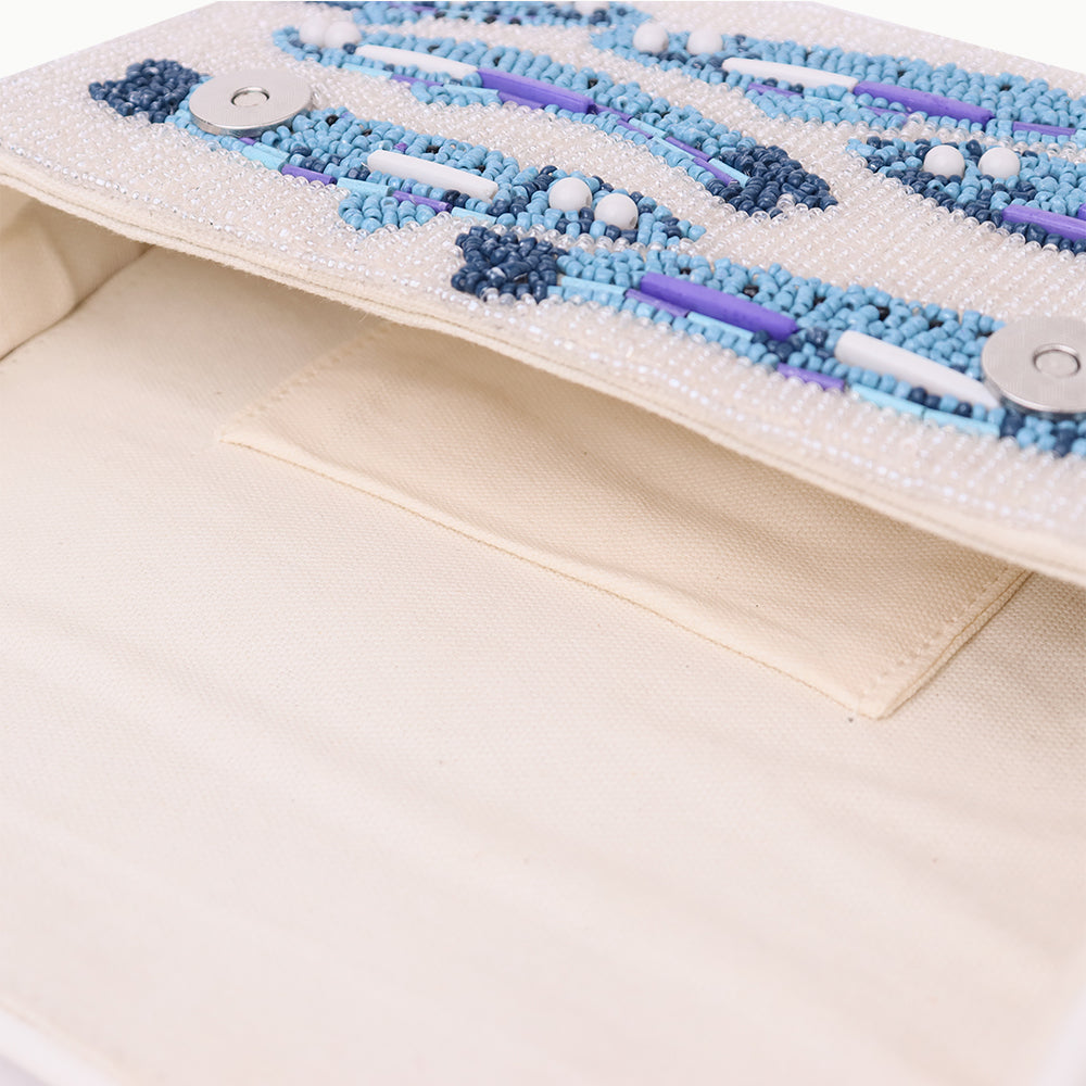 Handmade Beaded Shoulder Bag – White & Blue Fish Pattern with Embroidery Detailing