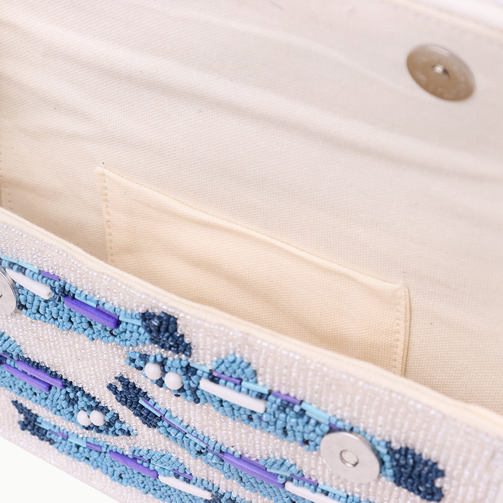 Handmade Beaded Shoulder Bag – White & Blue Fish Pattern with Embroidery Detailing
