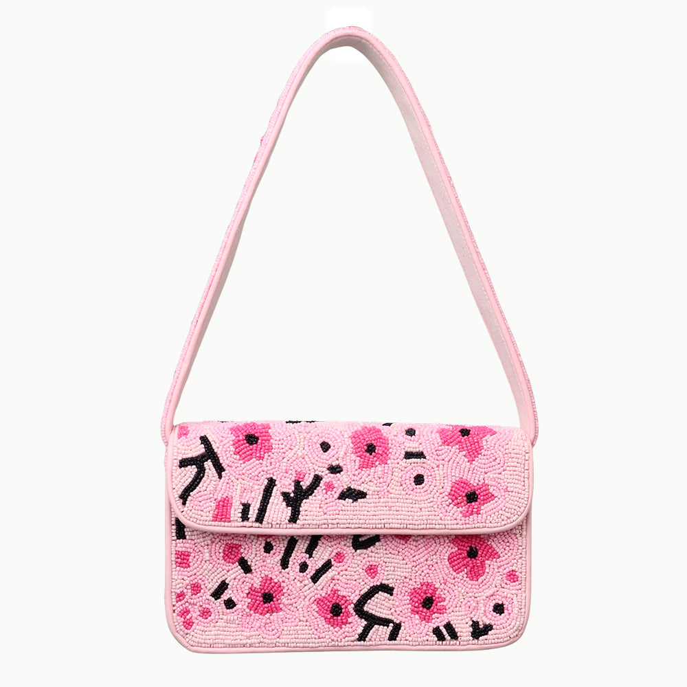 Handmade Pink Beaded Shoulder Bag with Floral Embroidery – Stylish Women’s Purse