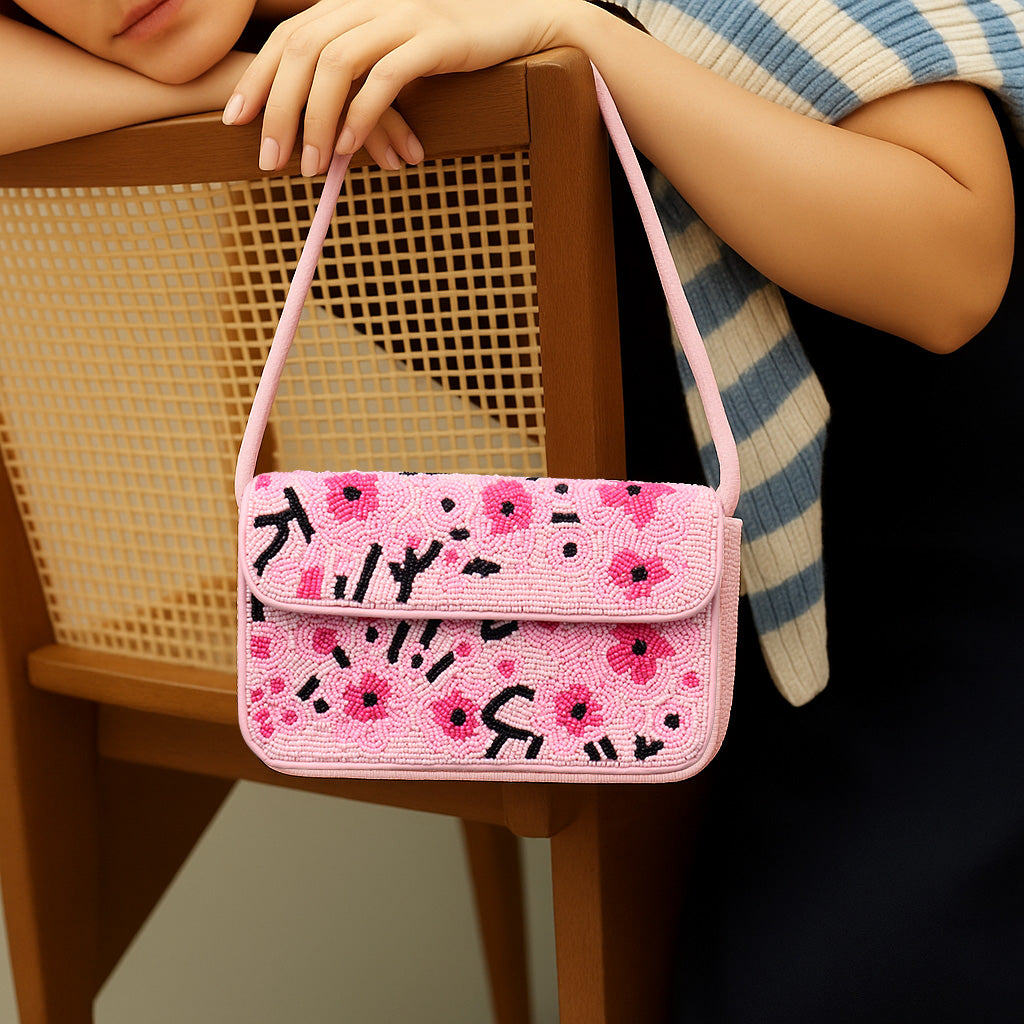 Handmade Pink Beaded Shoulder Bag with Floral Embroidery – Stylish Women’s Purse