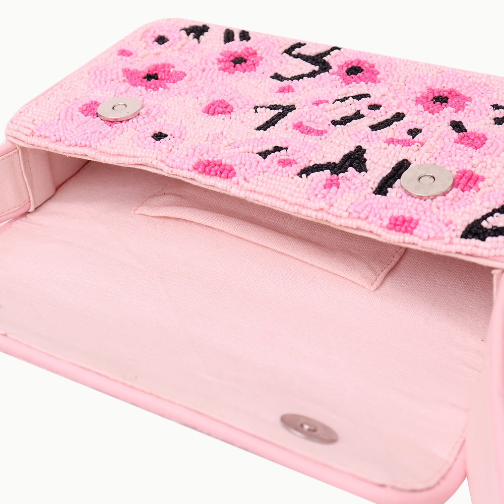 Handmade Pink Beaded Shoulder Bag with Floral Embroidery – Stylish Women’s Purse