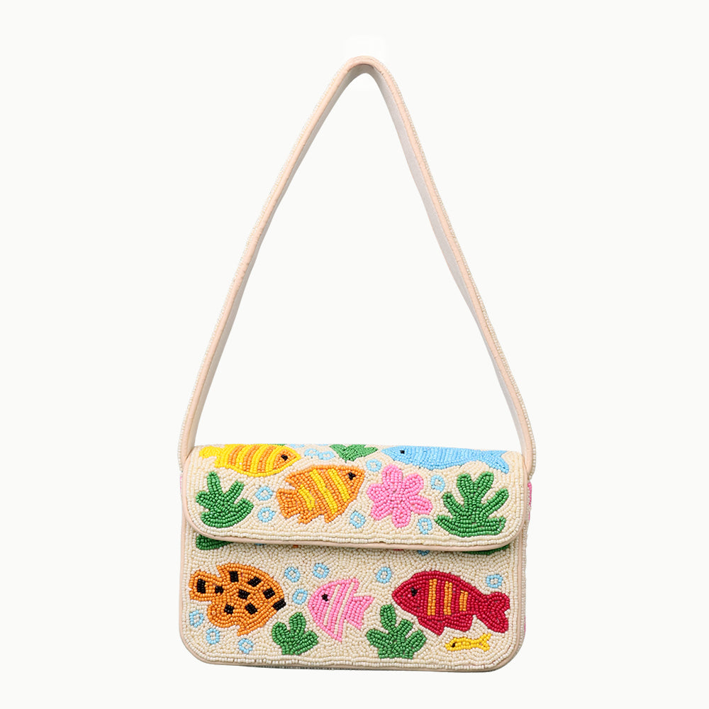 Handmade Beaded Shoulder Bag with Colorful Fish & Coral Reef Design – Summer Beach Style