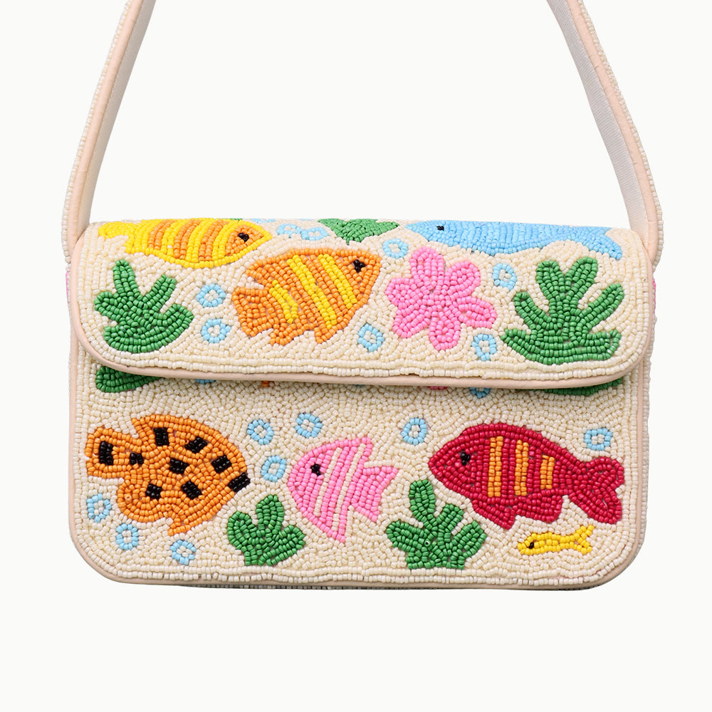 Handmade Beaded Shoulder Bag with Colorful Fish & Coral Reef Design – Summer Beach Style
