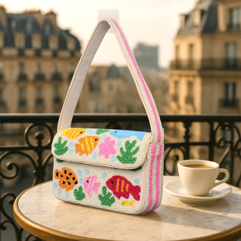 Handmade Beaded Shoulder Bag with Colorful Fish & Coral Reef Design – Summer Beach Style