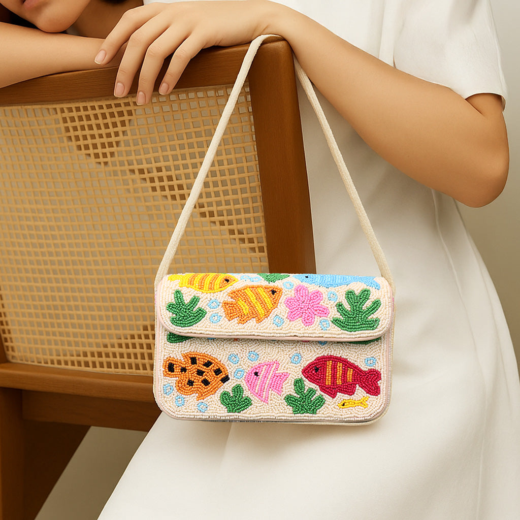 Handmade Beaded Shoulder Bag with Colorful Fish & Coral Reef Design – Summer Beach Style