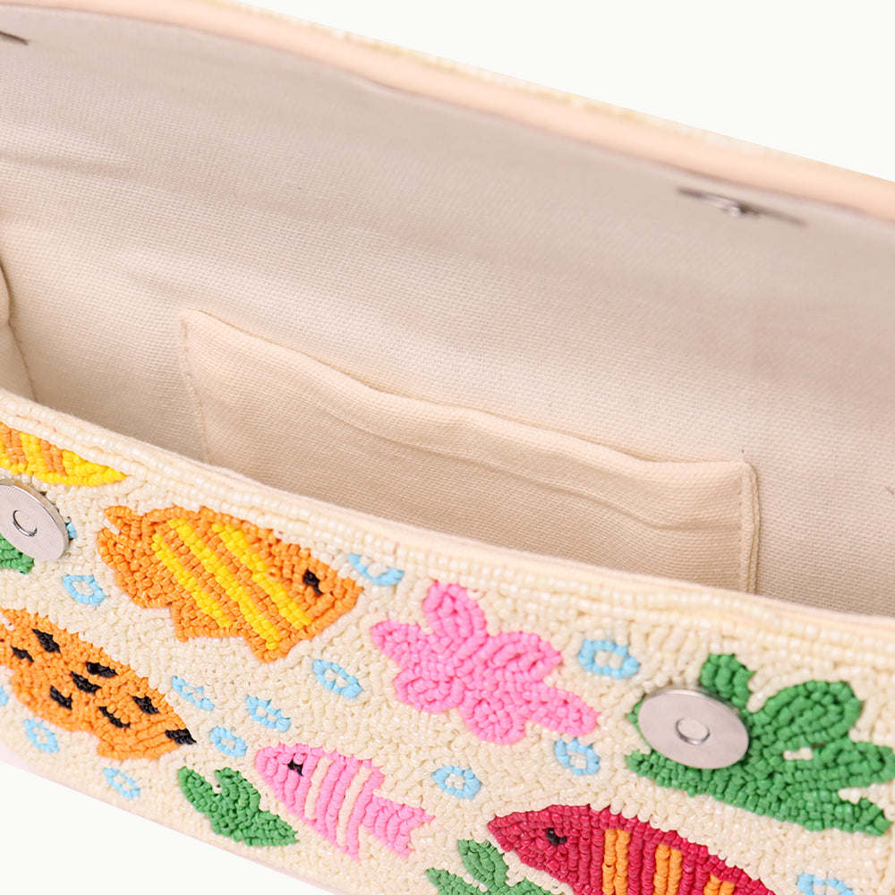 Handmade Beaded Shoulder Bag with Colorful Fish & Coral Reef Design – Summer Beach Style