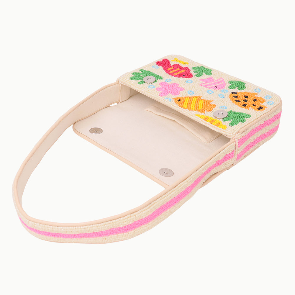 Handmade Beaded Shoulder Bag with Colorful Fish & Coral Reef Design – Summer Beach Style