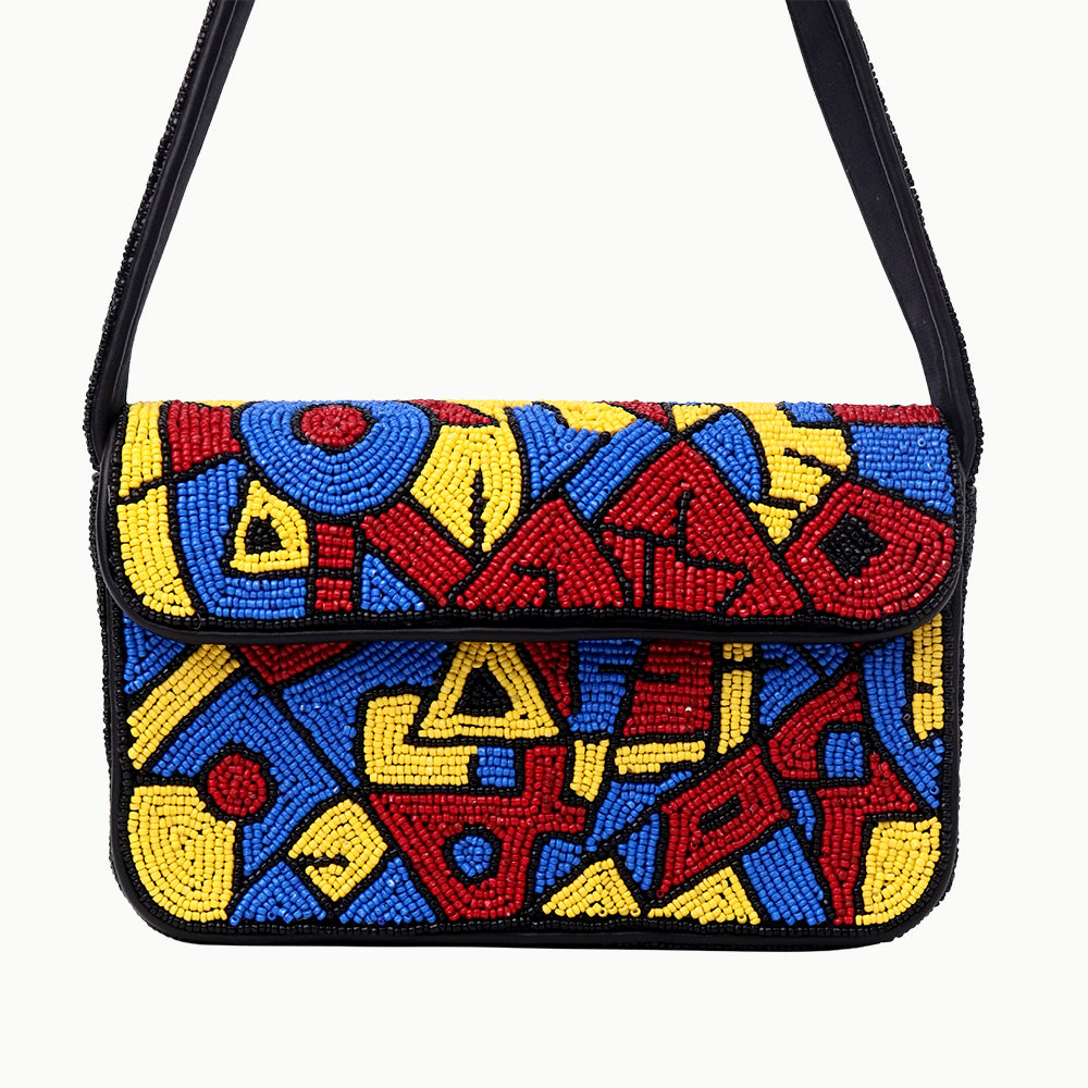 Handmade Beaded Shoulder Bag – Multicolor Geometric Pattern | Black Strap Women’s Handbag