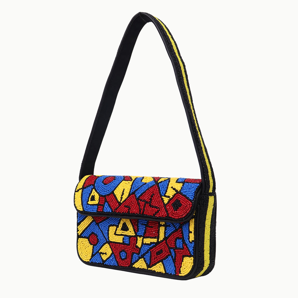 Handmade Beaded Shoulder Bag – Multicolor Geometric Pattern | Black Strap Women’s Handbag