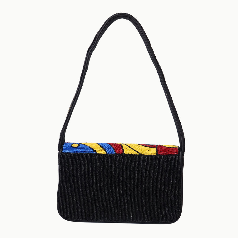 Handmade Beaded Shoulder Bag – Multicolor Geometric Pattern | Black Strap Women’s Handbag