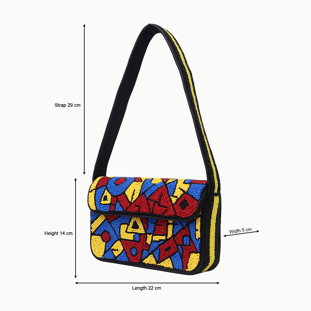Handmade Beaded Shoulder Bag – Multicolor Geometric Pattern | Black Strap Women’s Handbag