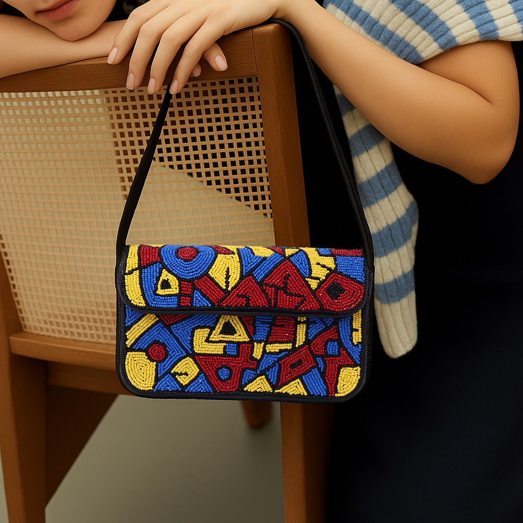 Handmade Beaded Shoulder Bag – Multicolor Geometric Pattern | Black Strap Women’s Handbag