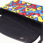 Handmade Beaded Shoulder Bag – Multicolor Geometric Pattern | Black Strap Women’s Handbag