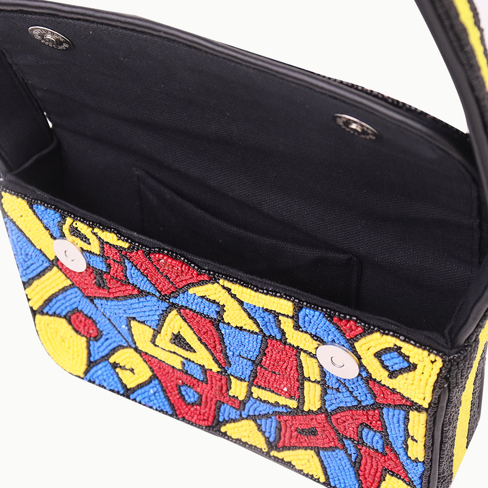 Handmade Beaded Shoulder Bag – Multicolor Geometric Pattern | Black Strap Women’s Handbag
