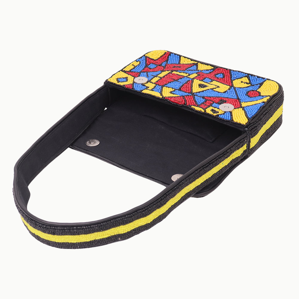 Handmade Beaded Shoulder Bag – Multicolor Geometric Pattern | Black Strap Women’s Handbag